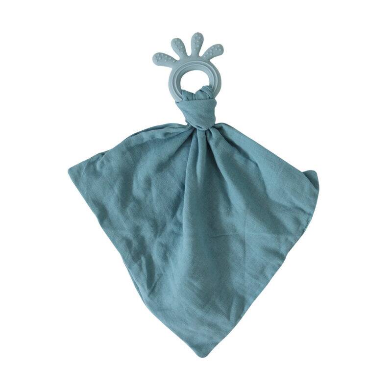 Back To Nature Silicone Teether Muslin Blankie in blue with a textured silicone teether handle and soft fabric.