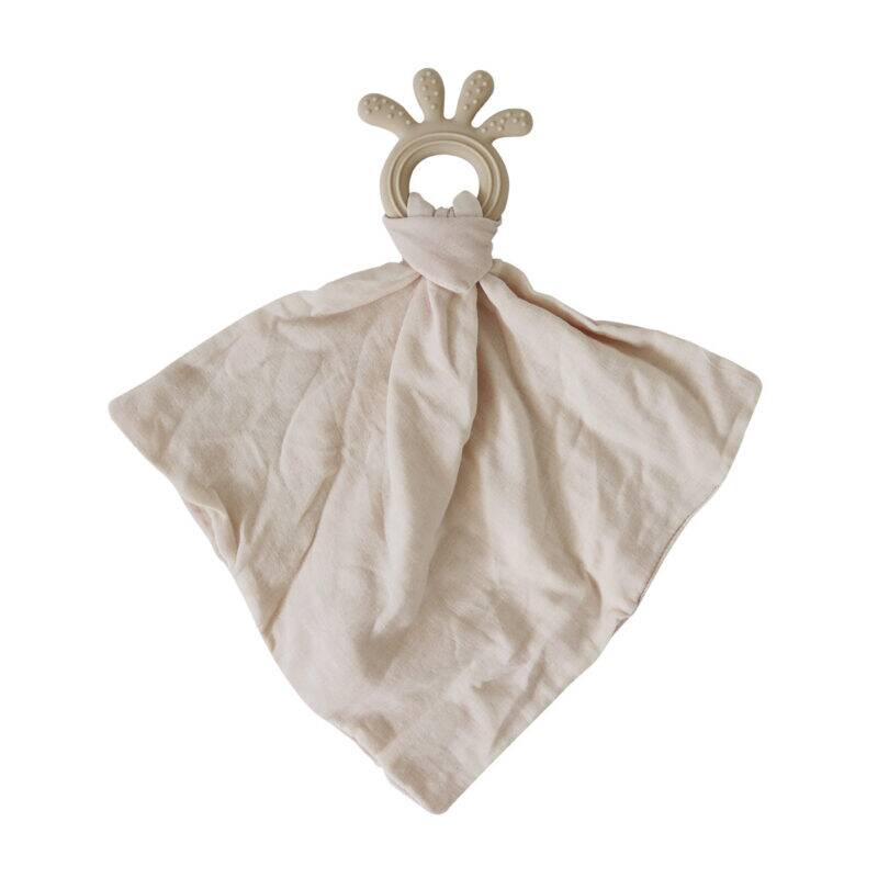 Back To Nature Silicone Teether Muslin Blankie in beige with a textured silicone teether ring at the top.