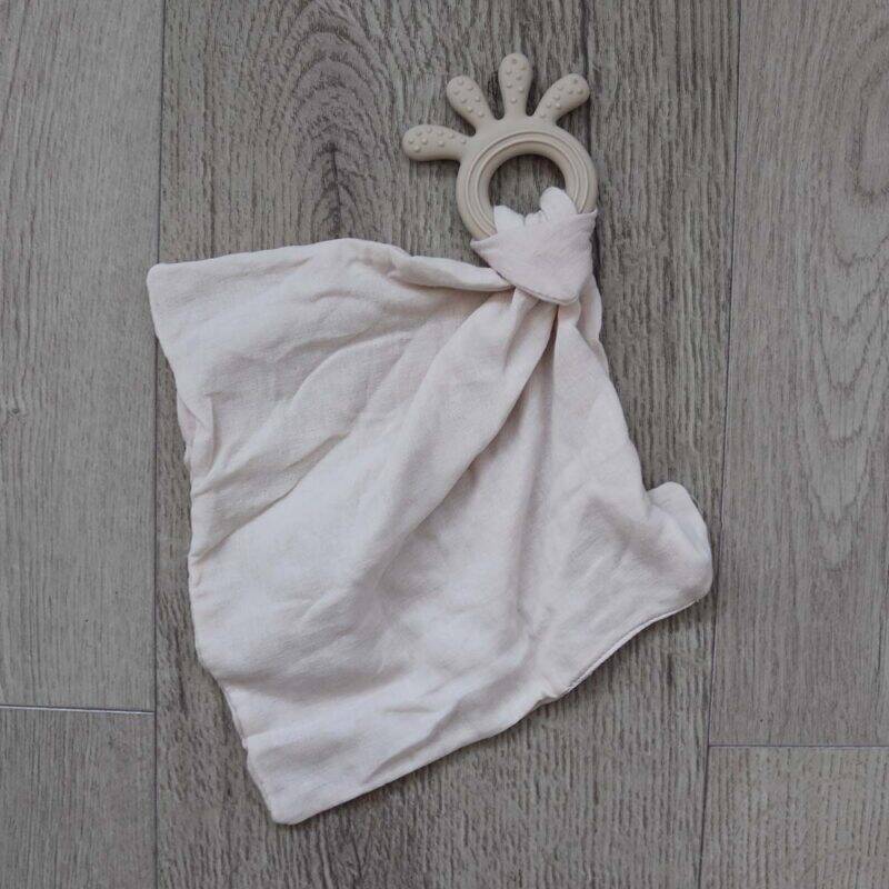 Back To Nature Silicone Teether Muslin Blankie in soft pink, featuring a textured silicone teether ring and a cozy muslin