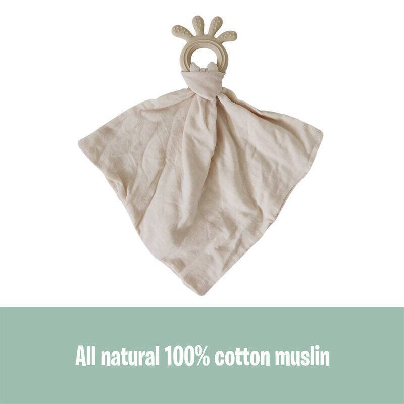 Back To Nature beige silicone teether muslin blankie with a soft cotton fabric and a teething ring at the top.