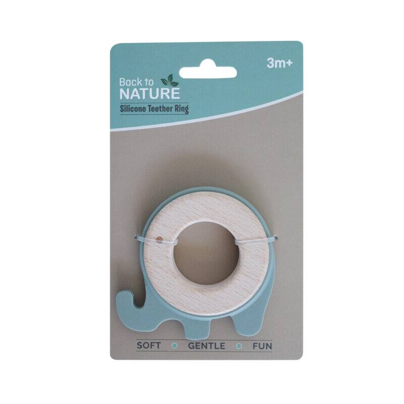 Back To Nature Elephant Teether Ring in blue and green, featuring a soft silicone design with a wooden center.