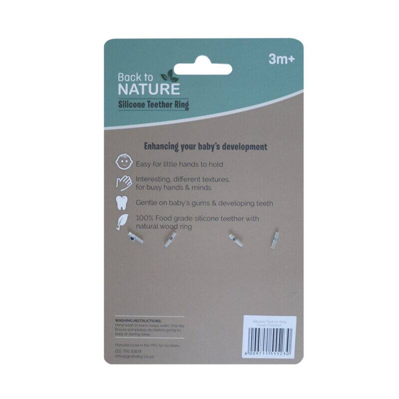 Back To Nature Elephant Teether Ring in blue and green, featuring a natural wood ring for easy grip and soothing gums.