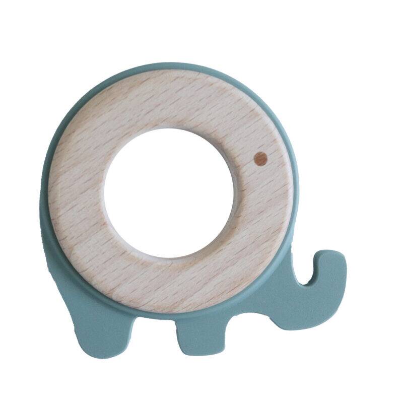 Back To Nature Teether Ring in blue and green, shaped like an elephant with a circular opening for easy gripping.