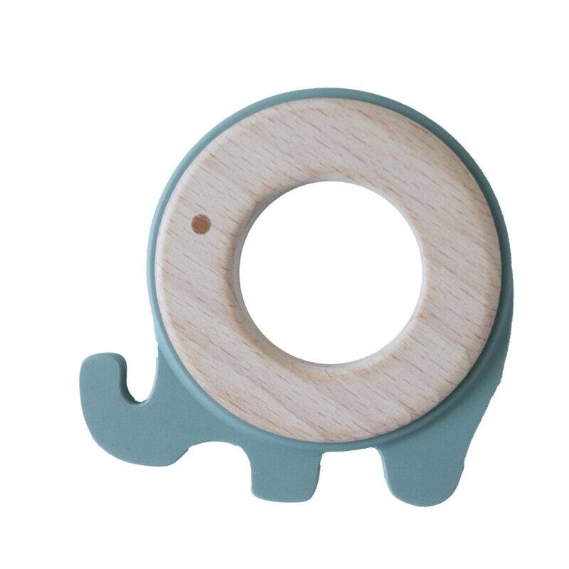 Back To Nature Teether Ring in green with a wooden elephant design, featuring a circular opening for easy gripping.