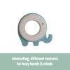 Back To Nature Teether Ring in blue and green, shaped like an elephant with varied textures for sensory play.