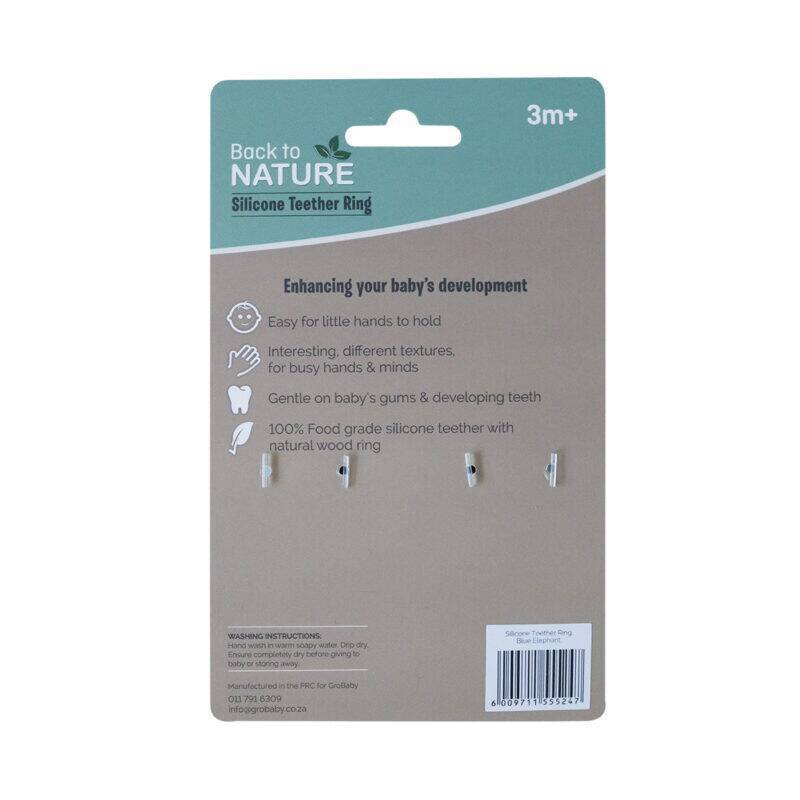 Back To Nature Silicone Teether Ring in blue and green, featuring an elephant design, ideal for soothing baby's gums.