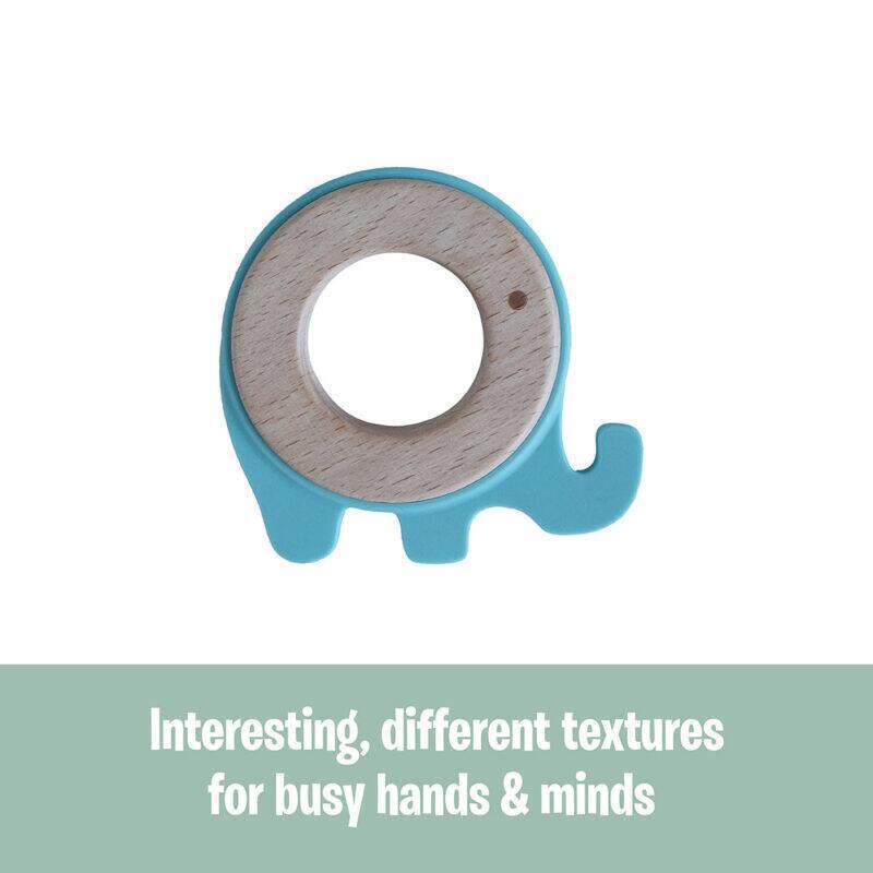 Back To Nature Teether Ring in blue and green, shaped like an elephant with varied textures for sensory exploration.