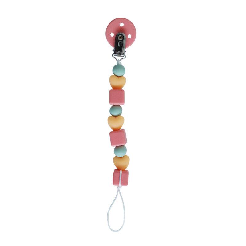 Back To Nature Silicone Pacifier Clip in blue and pink with colorful heart and cube beads, featuring a secure clip.