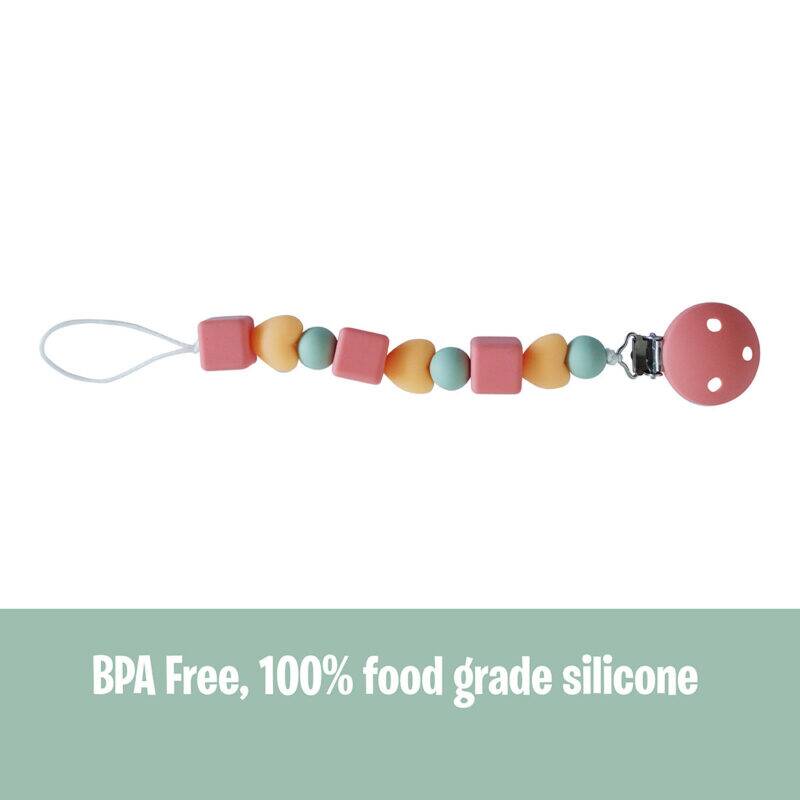 Back To Nature Silicone Pacifier Clip in blue and pink, featuring colorful cubes and hearts, made from BPA-free silicone.