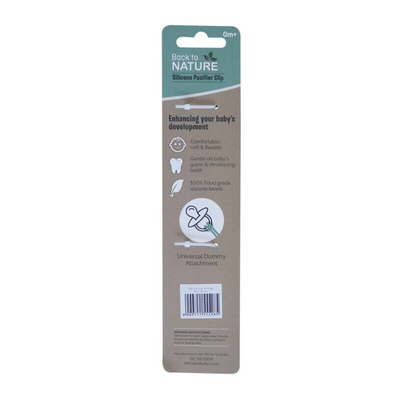 Back To Nature Silicone Pacifier Clip in blue and pink, featuring soft silicone beads and a universal dummy attachment.
