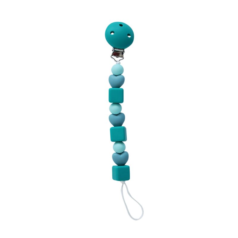 Back To Nature Silicone Pacifier Clip in blue and pink with a mix of heart and cube beads, featuring a secure clip.