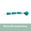 Back To Nature Silicone Pacifier Clip in blue and pink, featuring cubes and hearts, made from BPA-free food grade silicone.