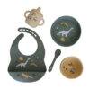 Back to Nature 5pc Character Silicone Feeding Set in dinosaur and rainbow colors, featuring a bib, bowl, plate, cup, and