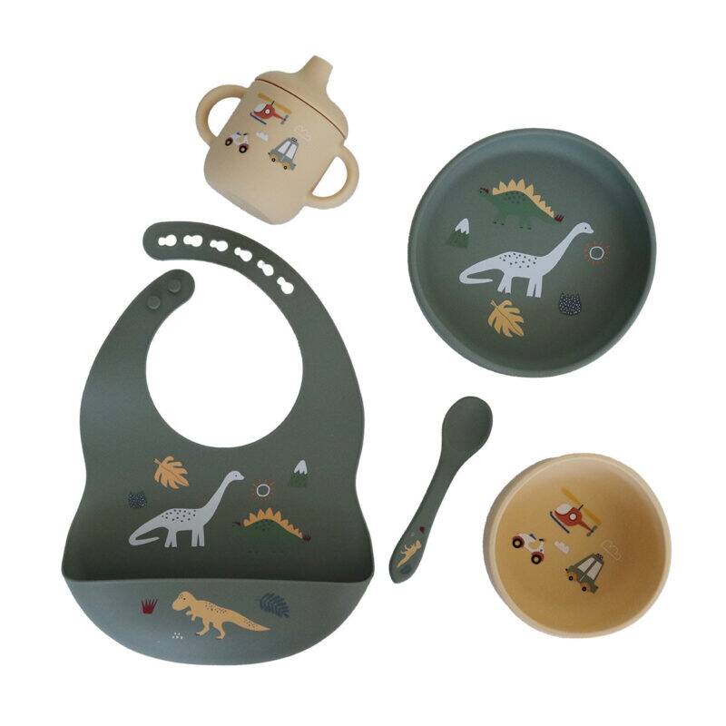 Back to Nature 5pc Character Silicone Feeding Set in dinosaur and rainbow colors, featuring a bib, bowl, plate, cup, and