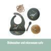 Back to Nature 5pc Character Silicone Feeding Set in Dinosaur and Rainbow colors, includes bib, bowls, spoon, and cup.