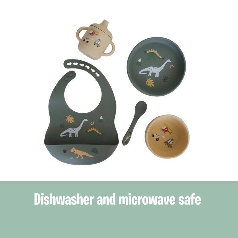 Back to Nature 5pc Character Silicone Feeding Set in Dinosaur and Rainbow colors, includes bib, bowls, spoon, and cup.