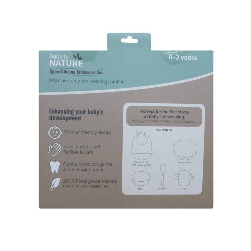 Back to Nature 5pc Character Silicone Feeding Set in Dinosaur and Rainbow colors, featuring toddler-friendly design and