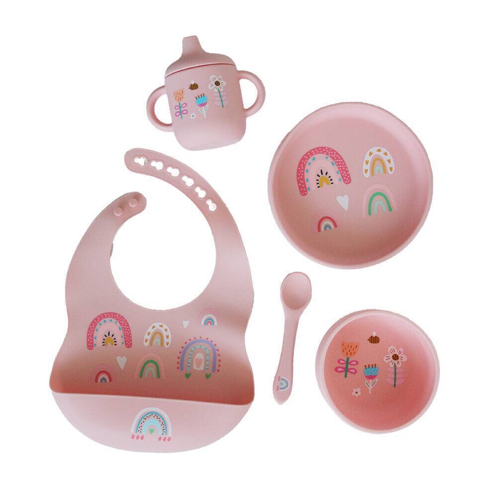 Back to Nature 5pc Character Silicone Feeding Set in pink with rainbow and dinosaur designs, includes bib, bowls, cup, and