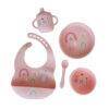 Back to Nature 5pc Character Silicone Feeding Set in pink with rainbow and dinosaur designs, includes bib, bowls, cup, and
