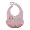 Back To Nature pink silicone bib featuring colorful rainbow designs and a catch pocket for easy cleanup.