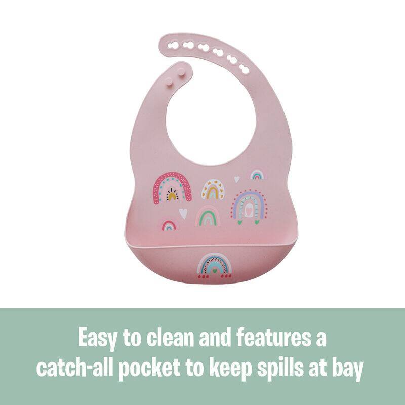 Back To Nature pink silicone bib with rainbow designs and a catch-all pocket for easy cleaning.