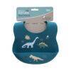 Back To Nature Silicone Bib in blue featuring dinosaur designs, made from soft, food-grade silicone, suitable for infants.