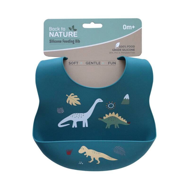 Back To Nature Silicone Bib in blue featuring dinosaur designs, made from soft, food-grade silicone, suitable for infants.