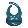 Back To Nature Silicone Bib in blue featuring dinosaur designs and a catch-all pocket for easy cleanup.