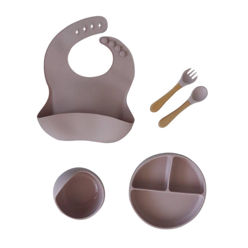 Back To Nature Silicone Feeding Set 5pc in pink includes a bib, bowl, divided plate, fork, and spoon.