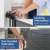 Snuggletime Autolock Retractable Safety Gate in black and gray, featuring a press-and-push locking mechanism for easy