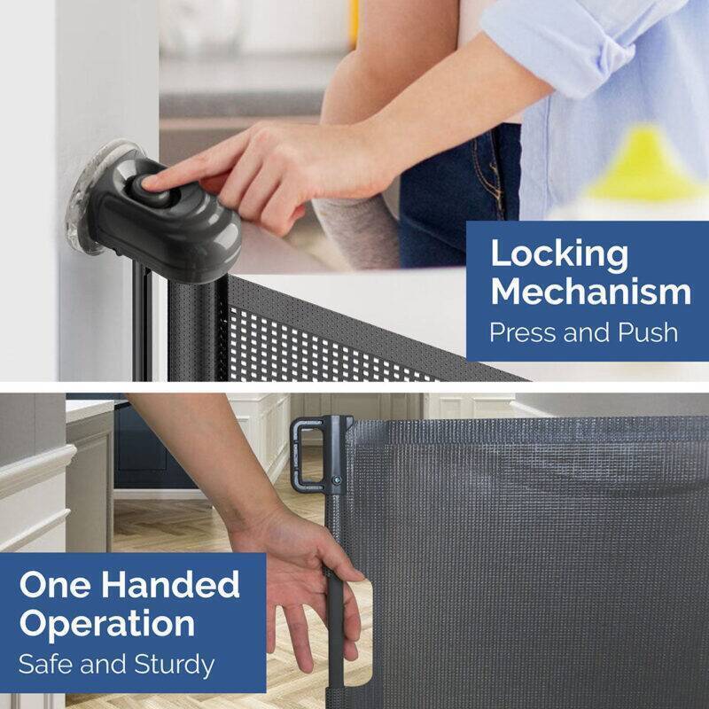 Snuggletime Autolock Retractable Safety Gate in black and gray, featuring a press-and-push locking mechanism for easy