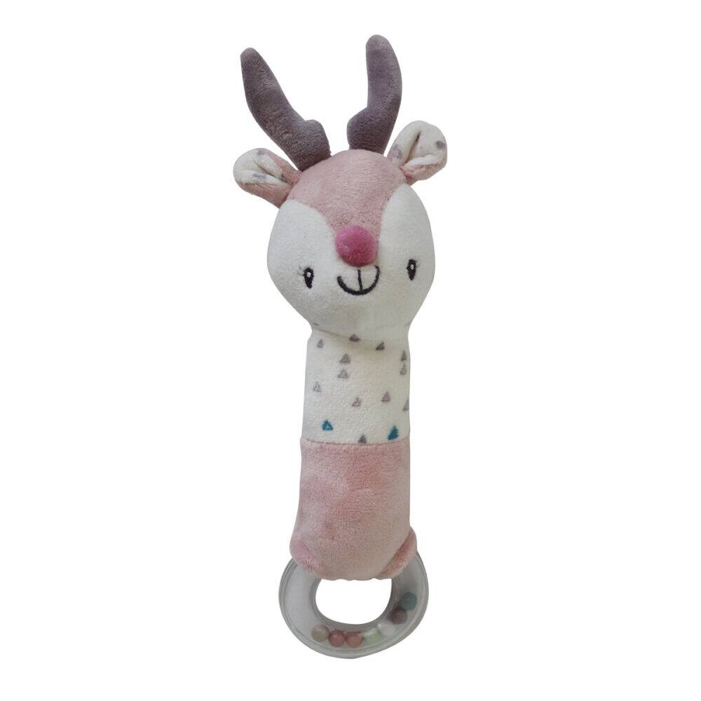 Back To Nature Squeaker & Ring Rattle in blue and pink with a cute deer design and soft texture.