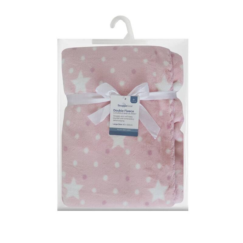 Snuggletime Double Fleece Baby Blanket in pink with white stars, neatly packaged with a ribbon and tag.