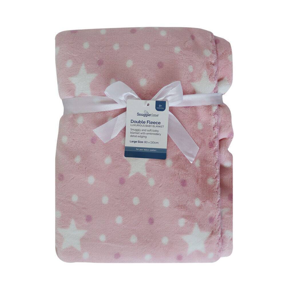 Snuggletime Double Fleece Baby Blanket in soft pink with white stars, tied with a ribbon for a cozy touch.