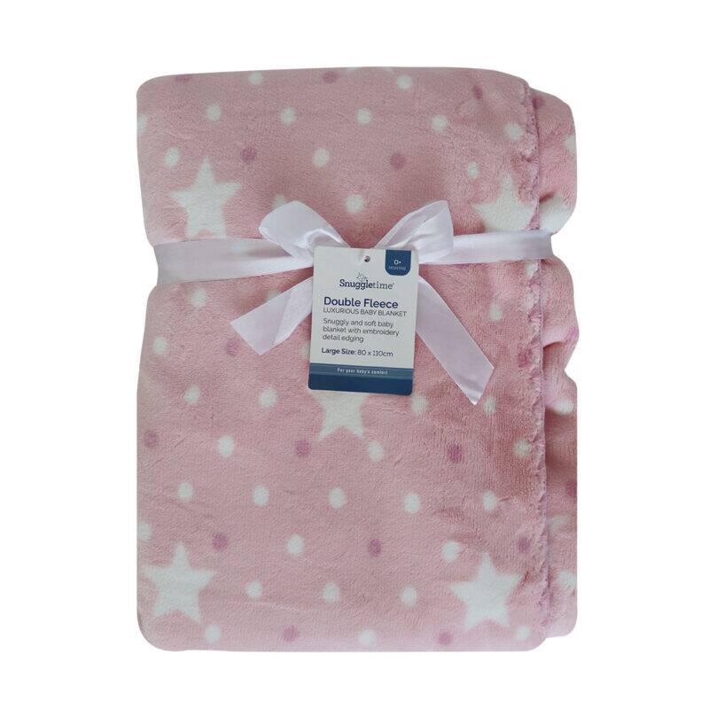 Snuggletime Double Fleece Baby Blanket in soft pink with white stars, tied with a ribbon for a cozy touch.
