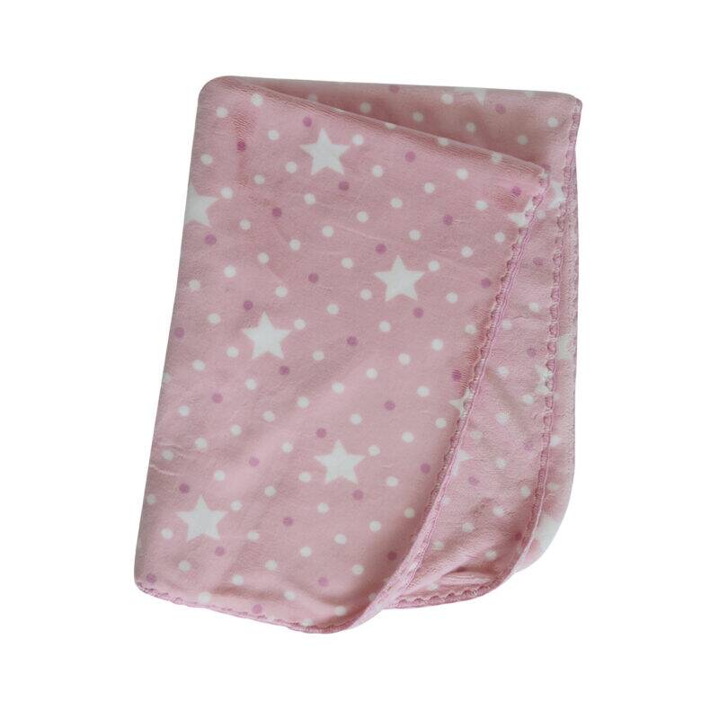 Snuggletime Double Fleece Baby Blanket in pink with white stars and polka dots, showcasing its soft texture and cozy design.