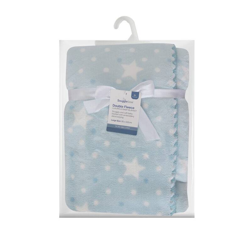 Snuggletime Double Fleece Baby Blanket in blue with cream stars, featuring a soft texture and ribbon tie.