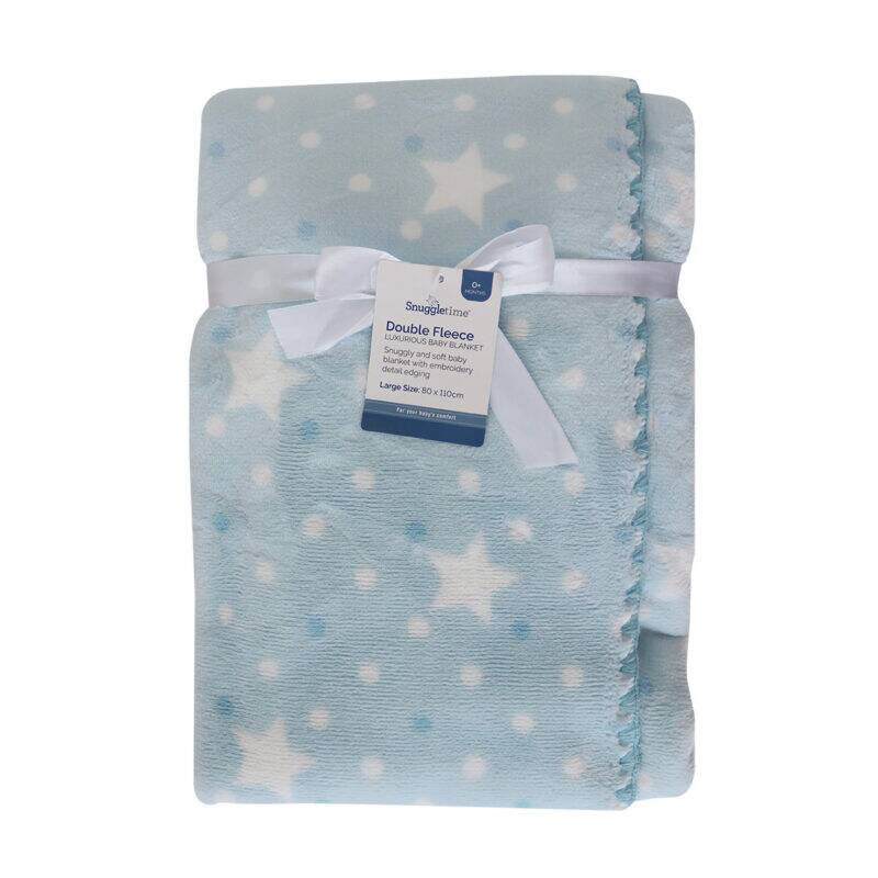 Snuggletime Double Fleece Baby Blanket in blue with white stars, soft texture, and ribbon tie. Large size 60x100cm.