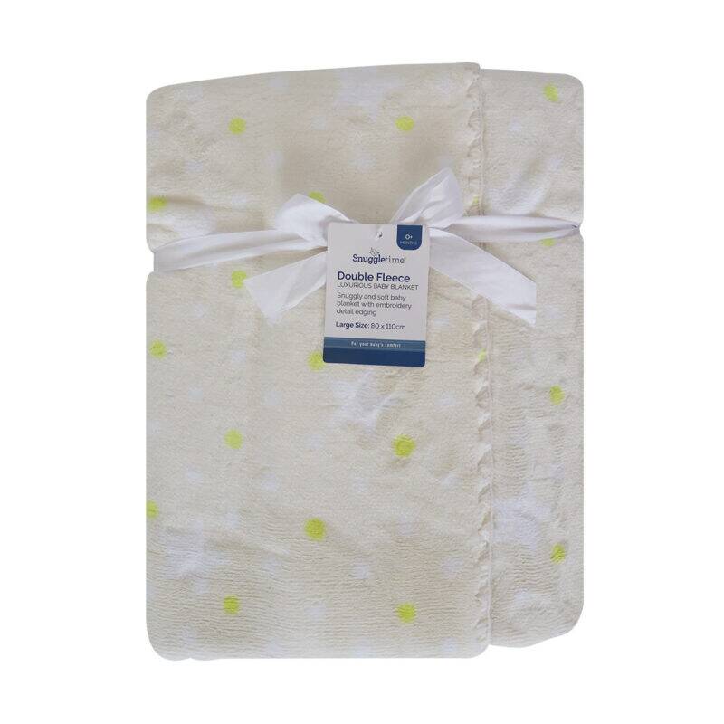 Snuggletime Double Fleece Baby Blanket in cream with yellow polka dots, soft and luxurious, measures 100x120 cm.