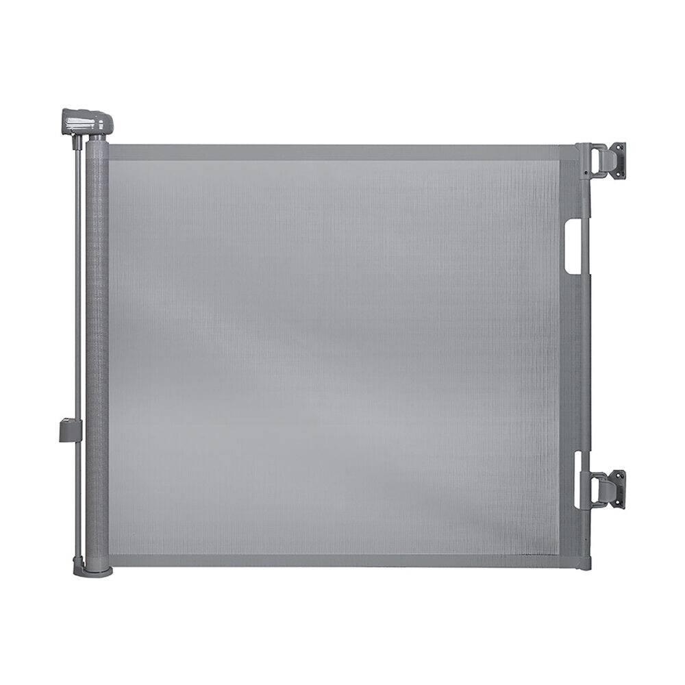Snuggletime Autolock Retractable Safety Gate in gray with a black frame, designed for easy installation and safety.