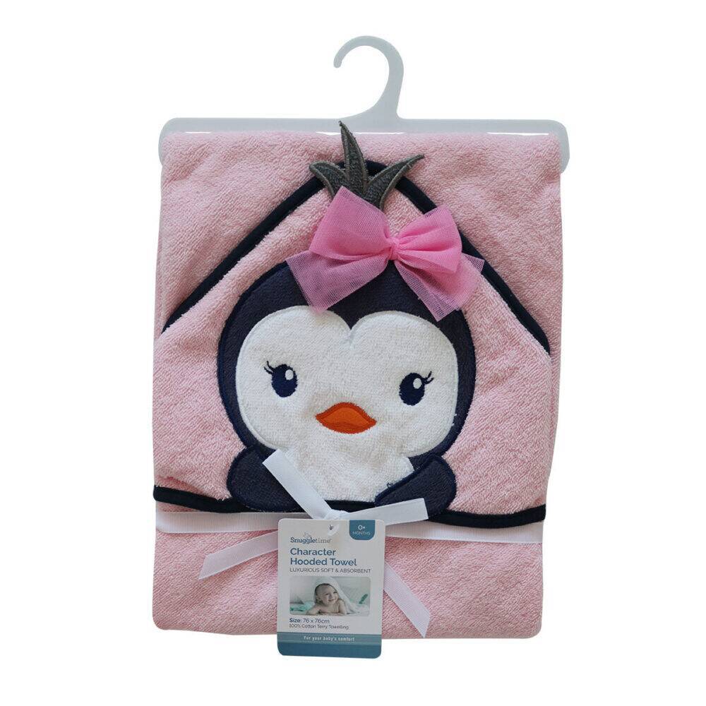 Snuggletime Penguin Hooded Towel in pink with a cute penguin face and bow detail, perfect for kids after bath time.