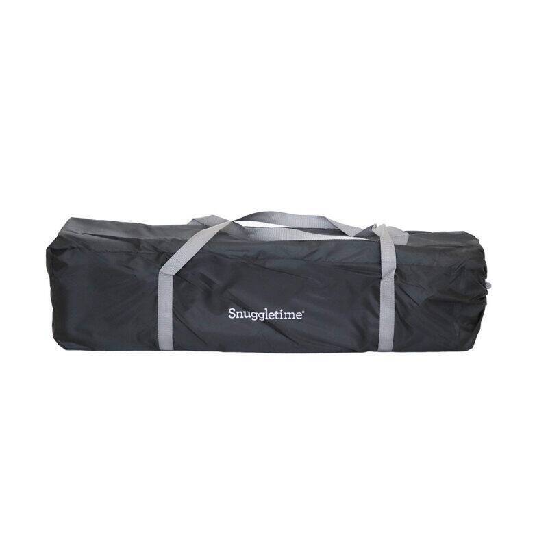 Snuggletime Classic Comfort Camp Cot in a compact, rolled-up black carrying bag with gray straps for easy transport.