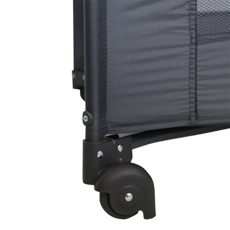Snuggletime Classic Comfort Camp Cot featuring a sturdy wheel for easy mobility and a durable fabric side panel.