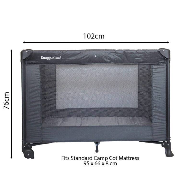 Snuggletime Classic Comfort Camp Cot in black with mesh sides, dimensions 102cm x 76cm, ideal for camping or travel.