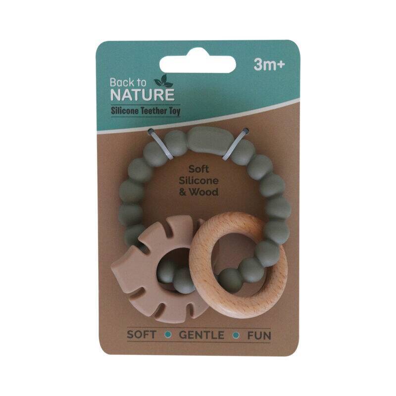 Back to Nature Silicone Teether Leaf in soft green and beige, featuring a wooden ring and textured silicone beads.
