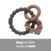 Back to Nature Silicone Teether Leaf in earthy tones with a textured design, featuring a silicone bead ring and wooden ring.