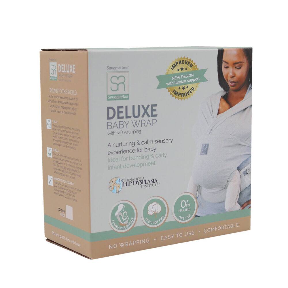 SnuggleRoo Deluxe Baby Wrap by Snuggletime, designed for comfort and bonding, featuring a new improved design.