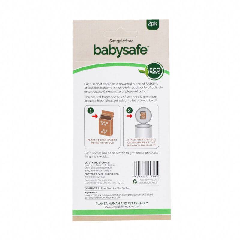 BabySafe Nappy Bin Deodoriser sachets in a 2-pack, featuring lavender and geranium fragrance for effective odor control.