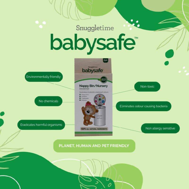 BabySafe Nappy Bin Deodoriser in a colorful packaging featuring a cartoon bear, highlighting its eco-friendly and non-toxic
