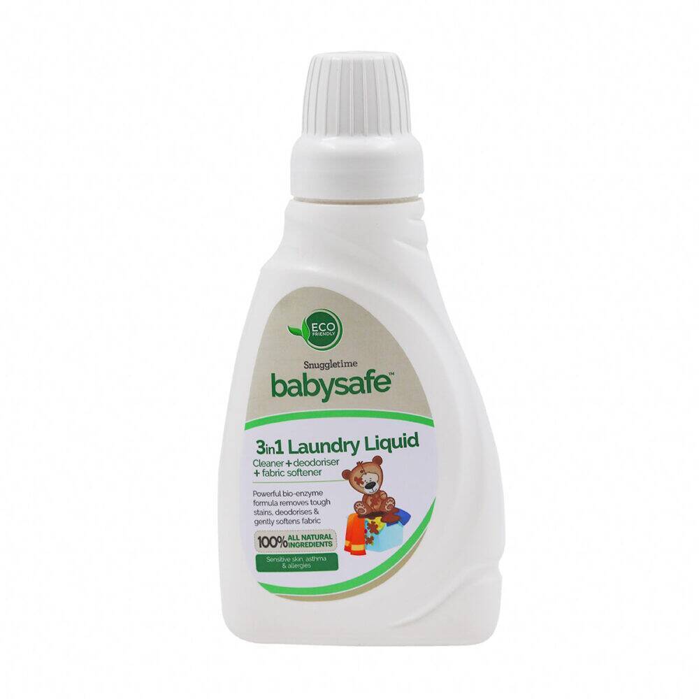 BabySafe 3in1 Laundry Liquid in a white bottle with a child-friendly design, featuring a teddy bear illustration.